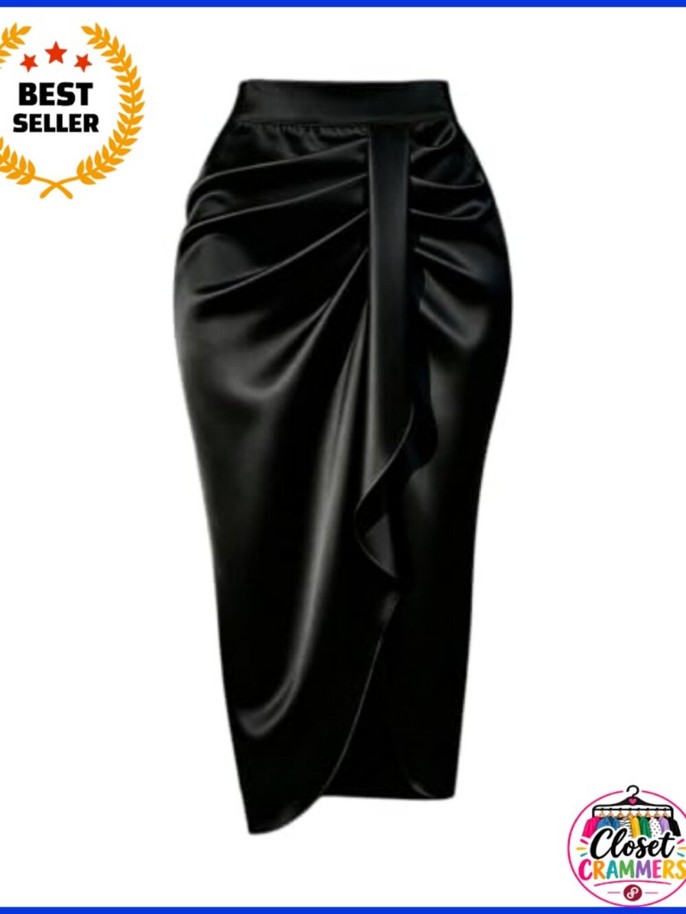 Plus Size Satin Ruched Pencil Midi Skirt Business Casual